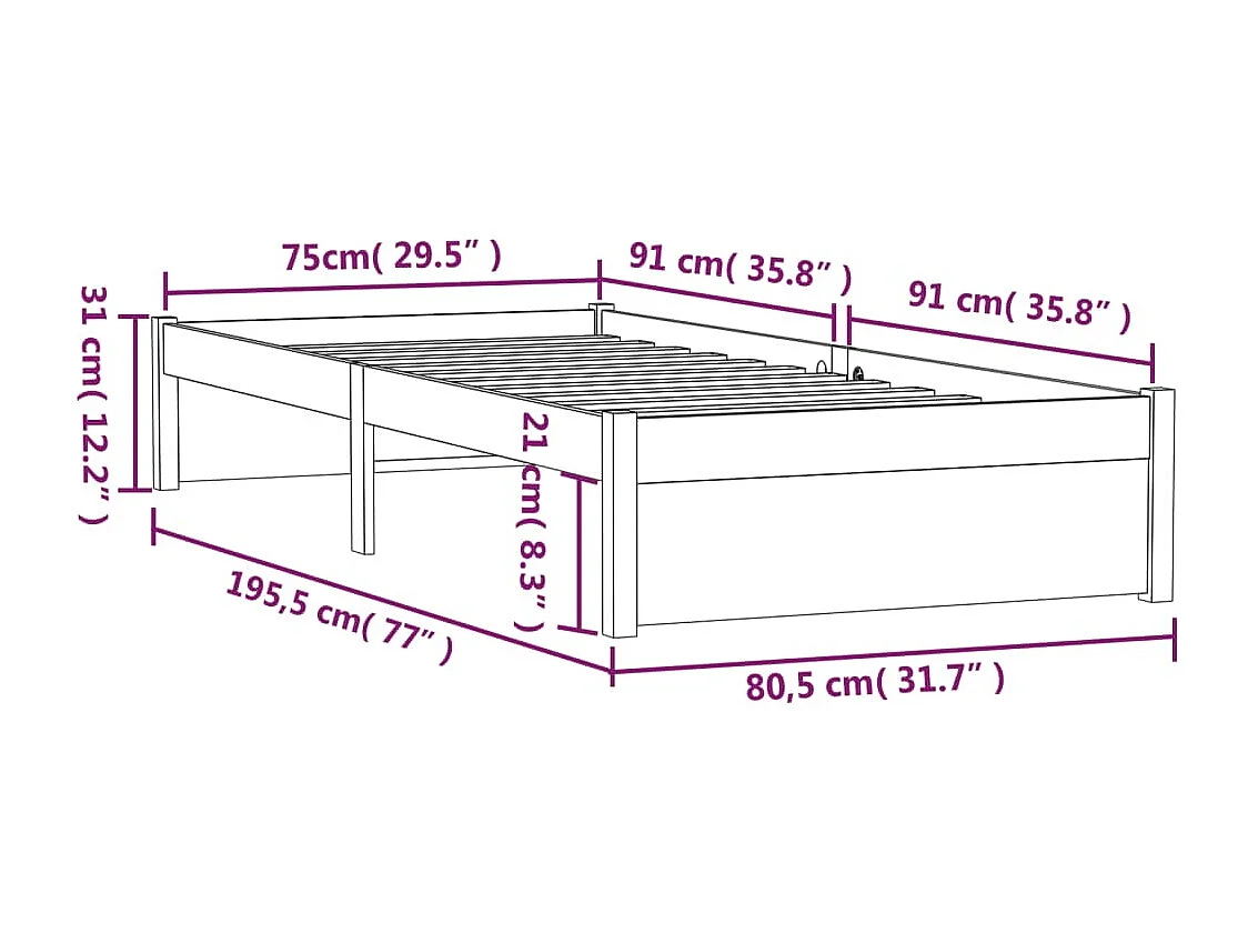 Estructura de cama individual madera maciza 75x190 cm