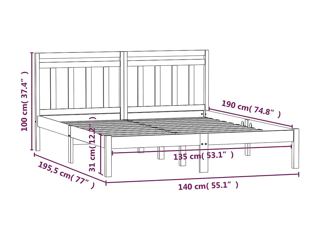 Estrutura de cama dupla 135x190 cm madeira maciça branco