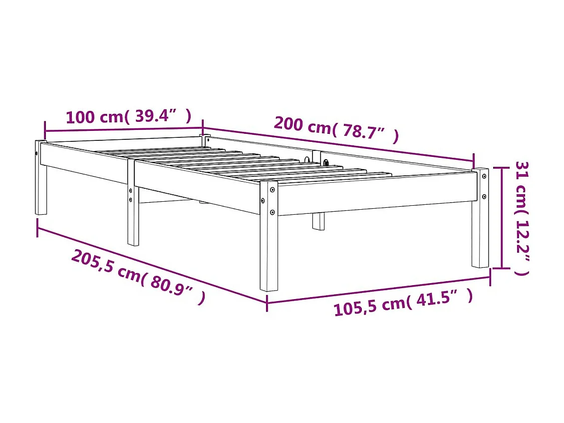 Estrutura de cama 100x200 cm madeira pinho maciça castanho cera
