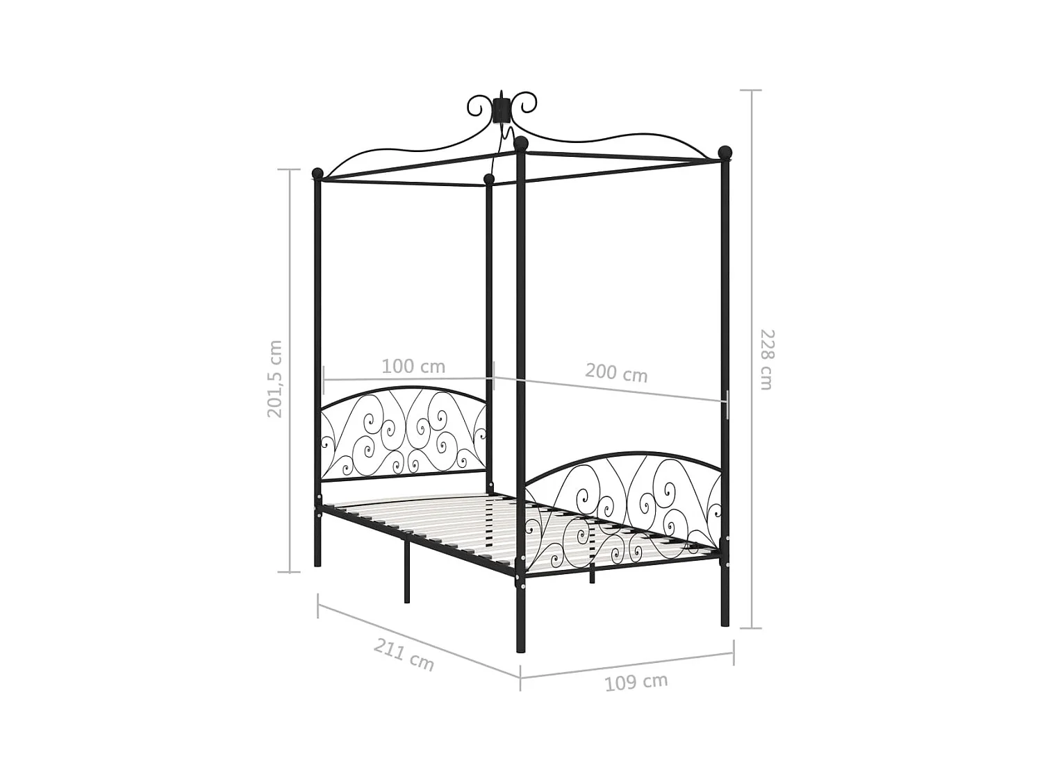 Cadre de lit à baldaquin Noir Métal 100 x 200 cm