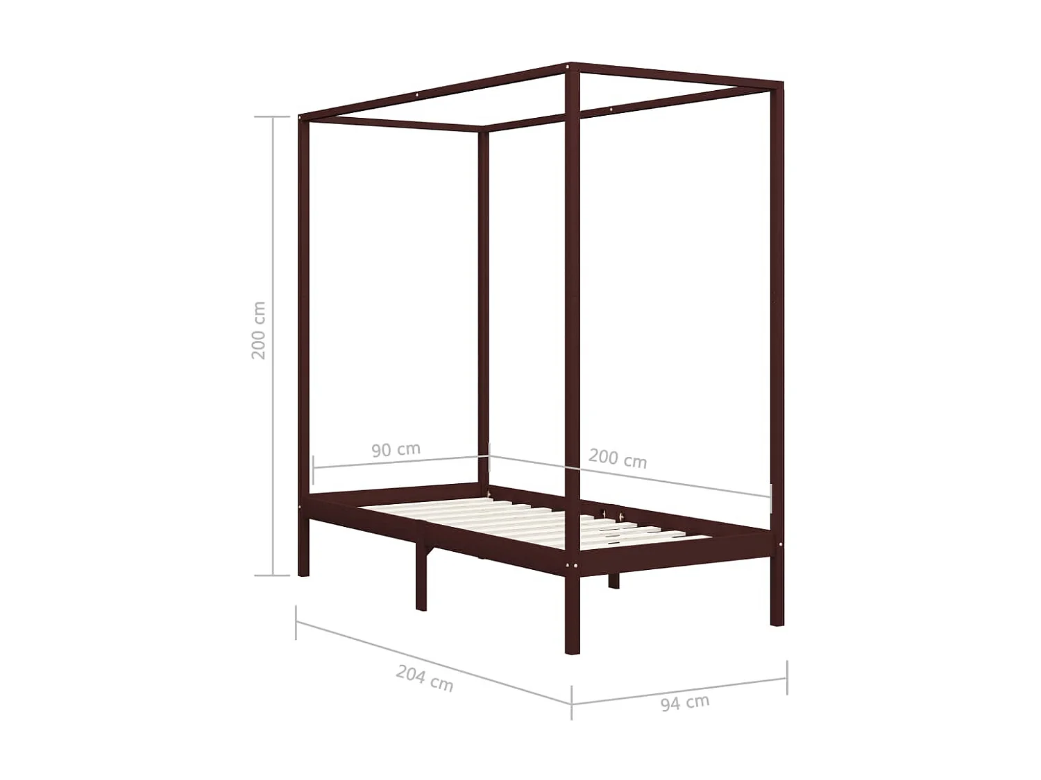 Cama con dosel de madera maciza de pino marrón oscuro 90x200 cm