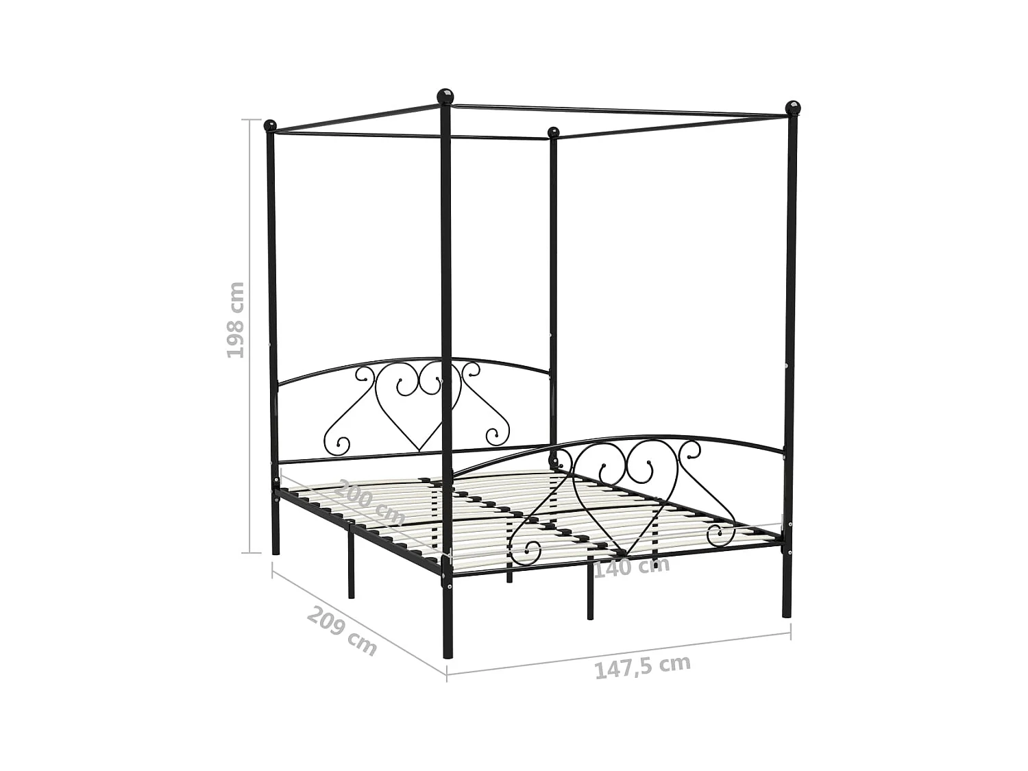 Hemelbedframe metaal zwart 140x200 cm