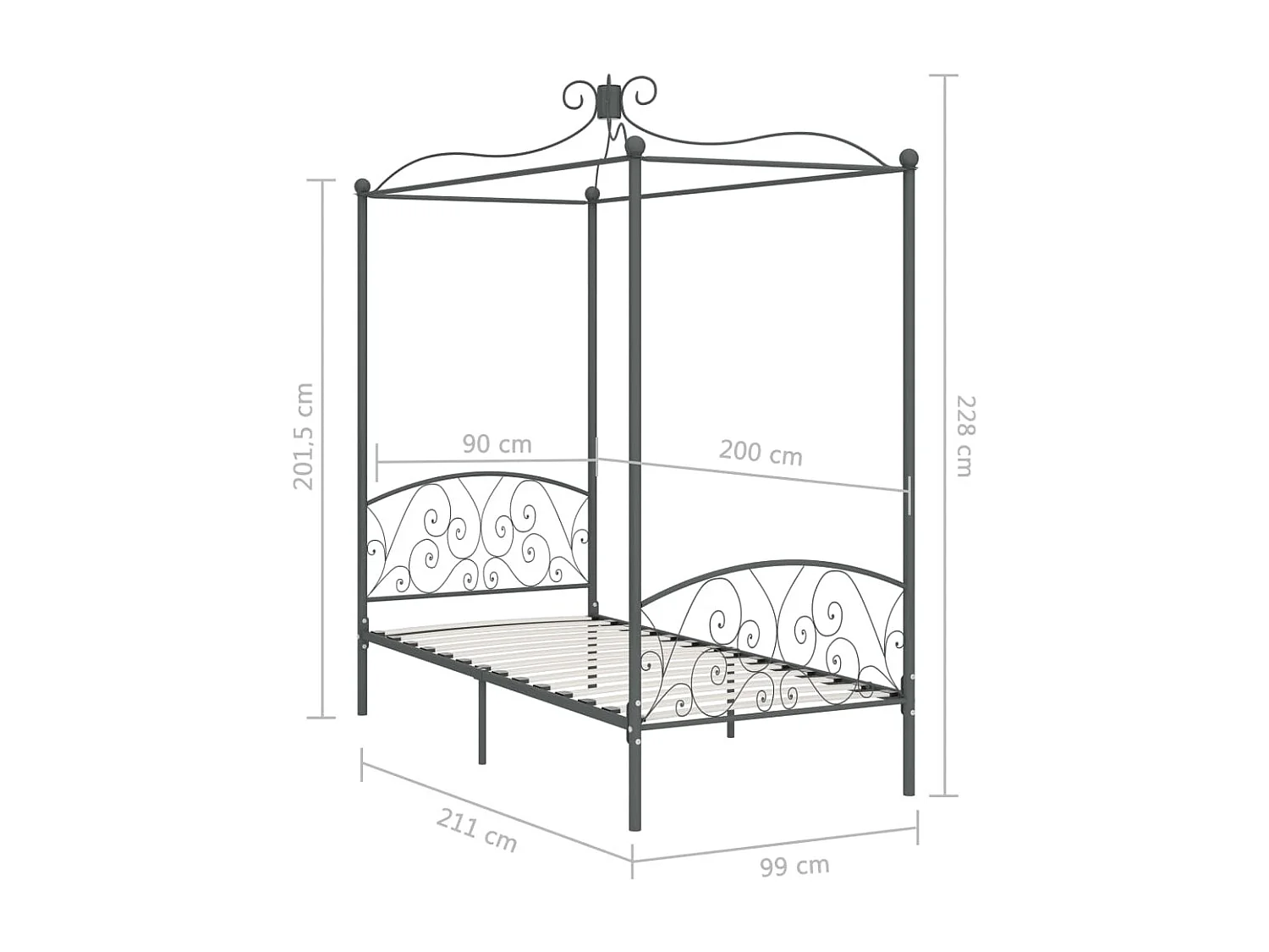 Cadre de lit à baldaquin Gris Métal 90 x 200 cm