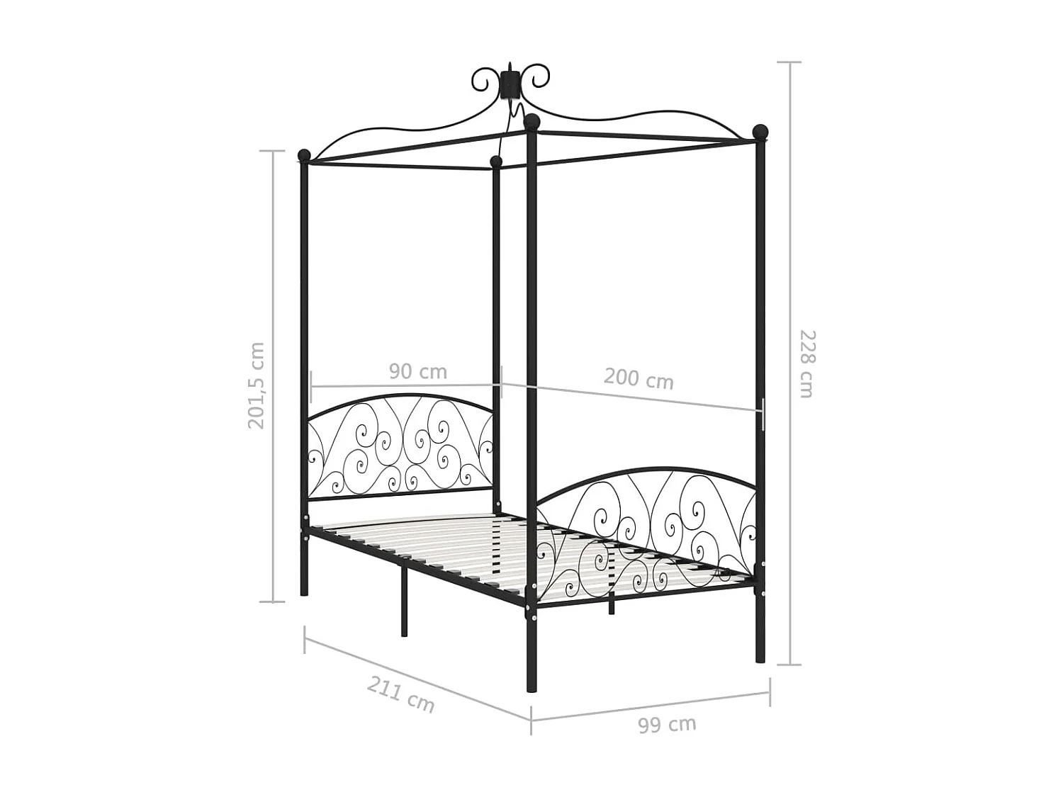 Estructura de cama con dosel metal negro 90x200 cm