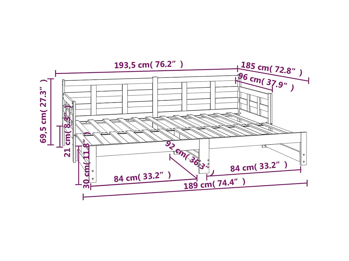 Sofá cama extraíble madera maciza de pino negro 2x(90x190) cm