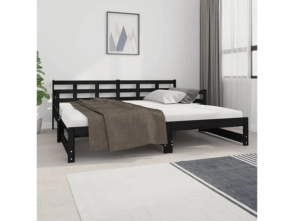 Lit coulissant Noir Bois de pin solide 2x(90x190) cm