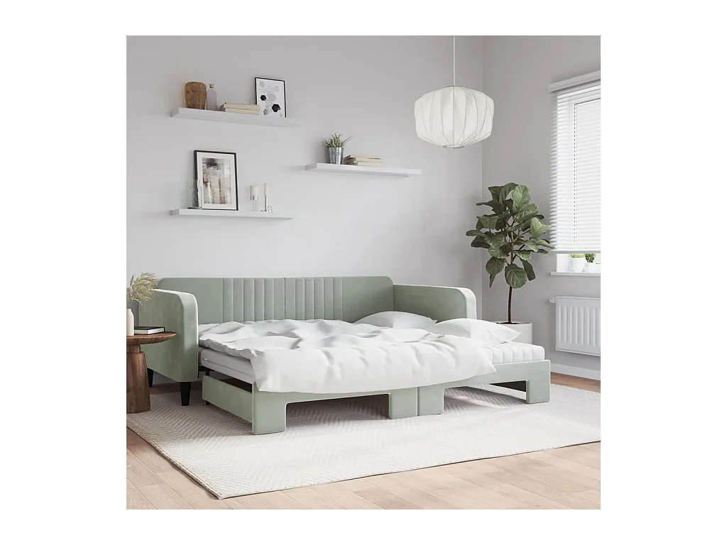 Lit de jour et gigogne et matelas gris clair 100x200 cm velours
