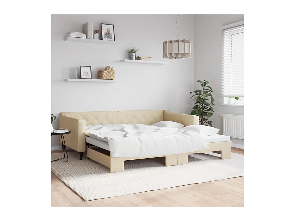 Lit de jour avec lit gigogne crème 100x200 cm tissu