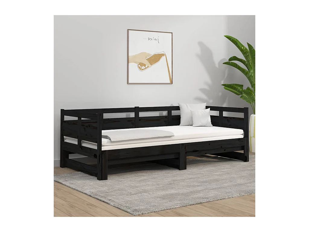 Lit coulissant Noir Bois de pin solide 2x(90x190) cm