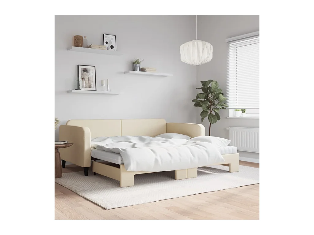 Slaapbank met onderschuifbed en matrassen 100x200 cm stof crème