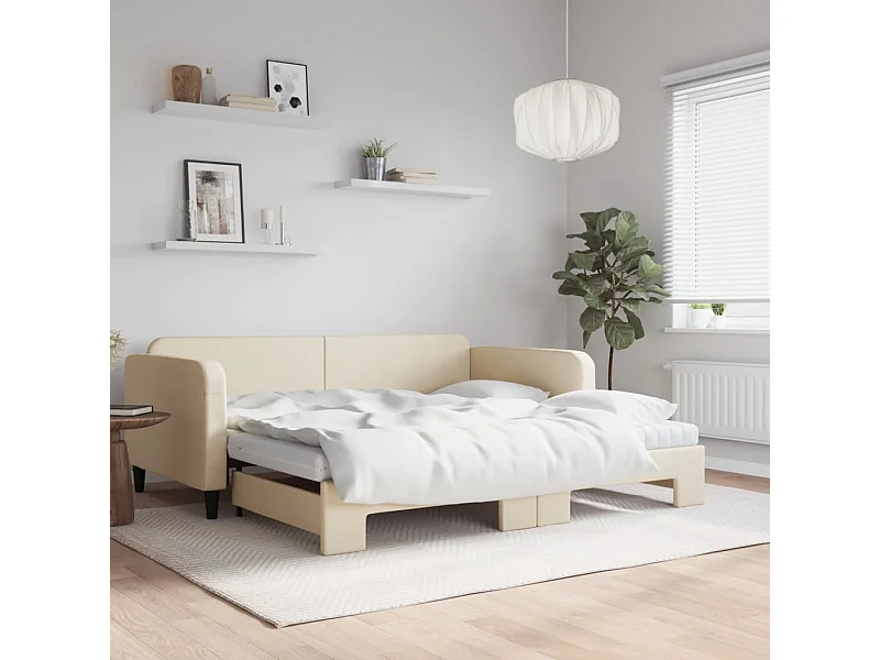 Slaapbank met onderschuifbed en matrassen 100x200 cm stof crème