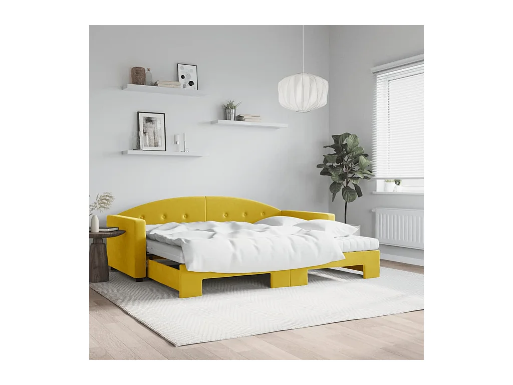 Lit de jour avec gigogne et matelas jaune 90x200 cm velours