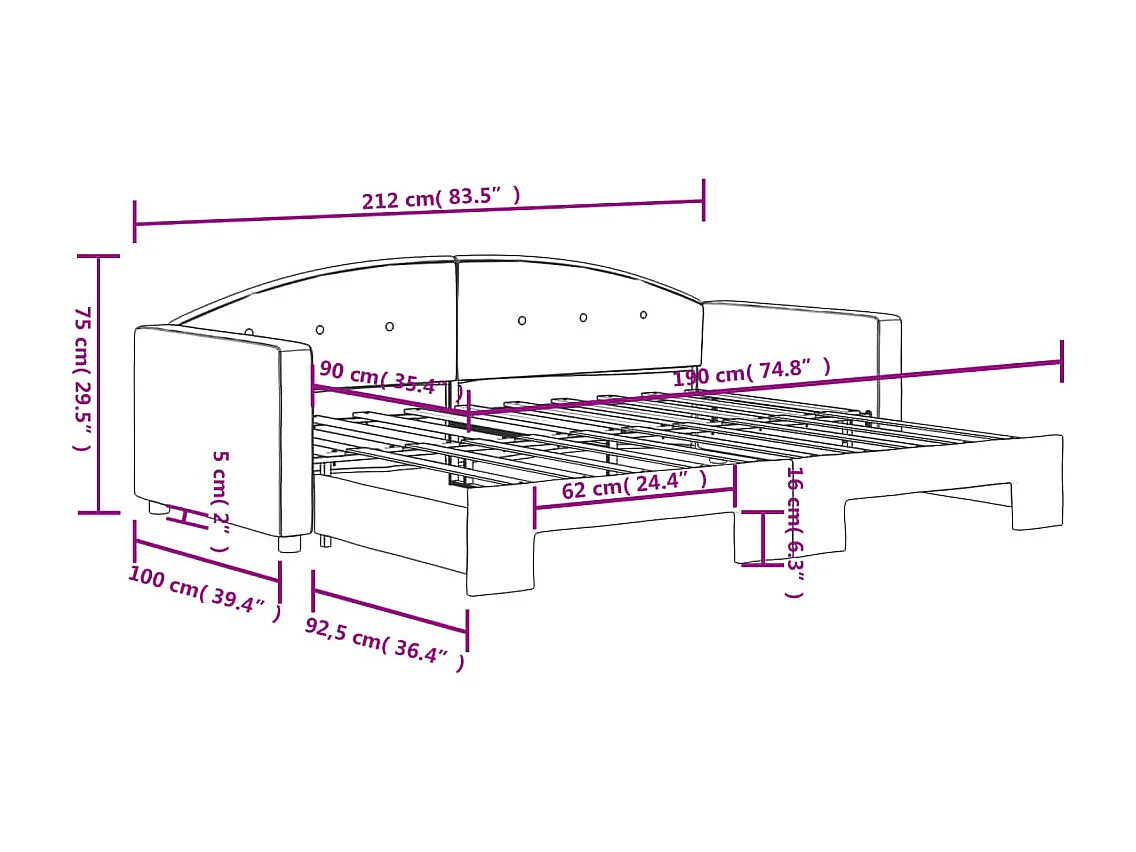 Lit de jour avec lit gigogne noir 90x190 cm velours