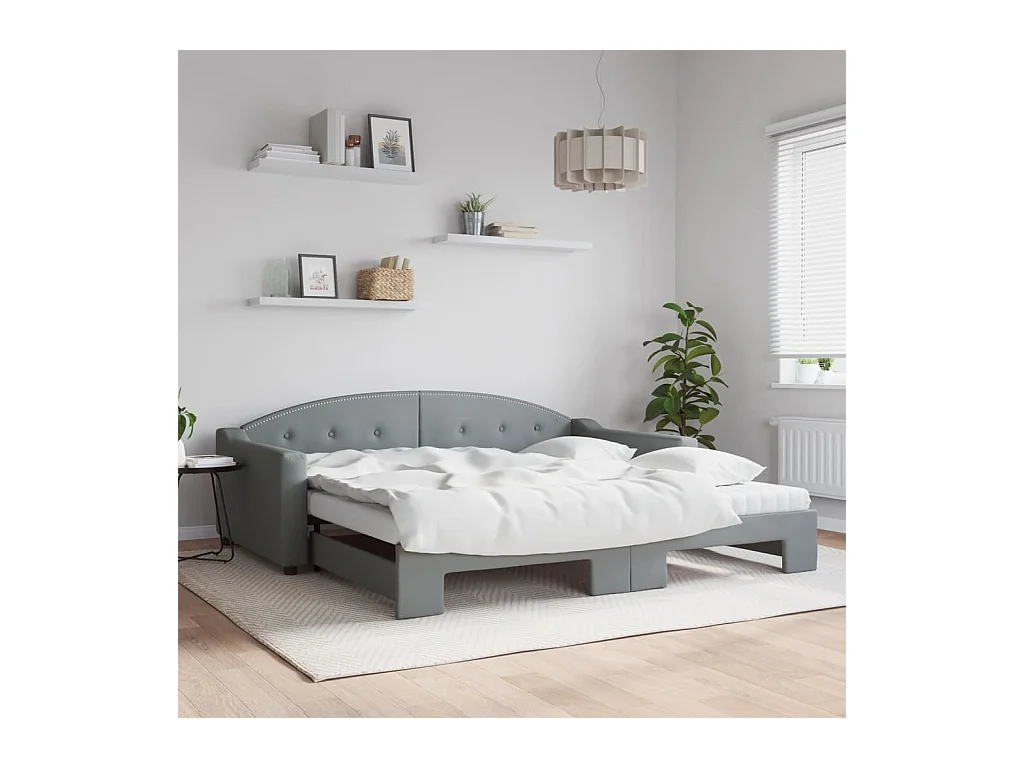 Slaapbank onderschuifbed matrassen 100x200 cm stof lichtgrijs