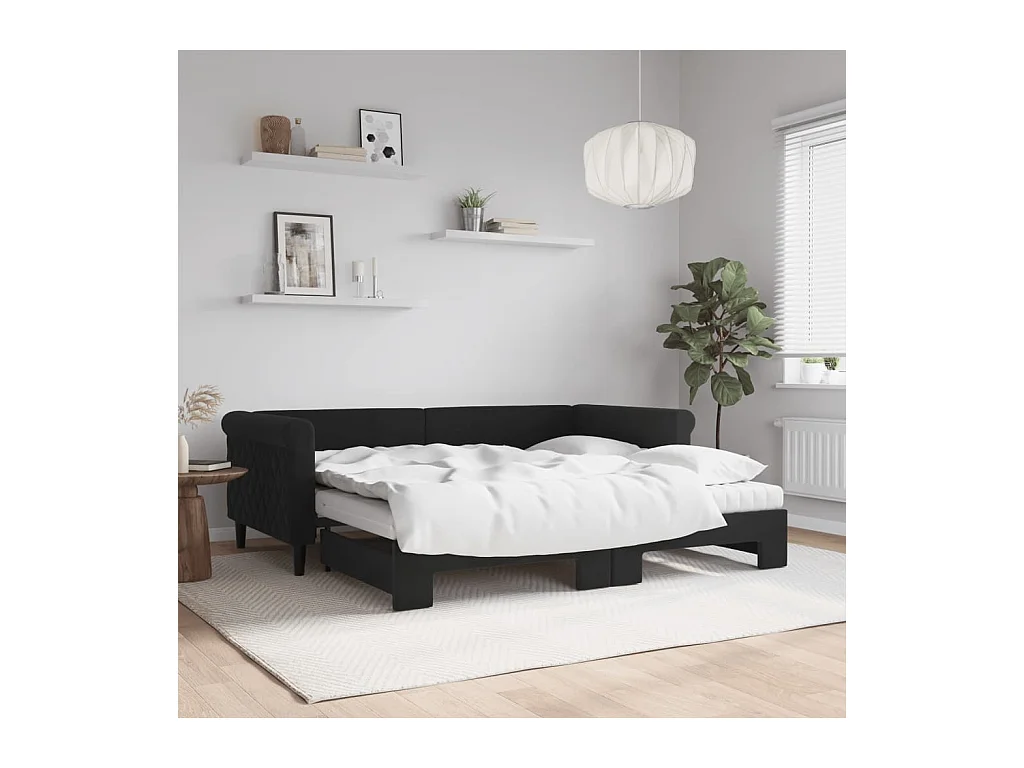Lit de jour avec gigogne et matelas noir 90x190 cm velours