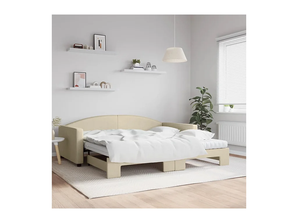 Lit de jour avec gigogne et matelas crème 100x200 cm tissu