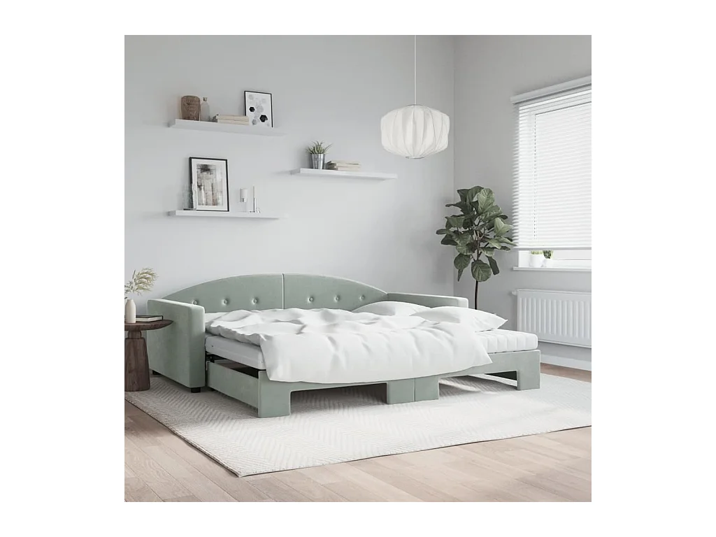 Lit de jour et gigogne et matelas gris clair 100x200 cm velours