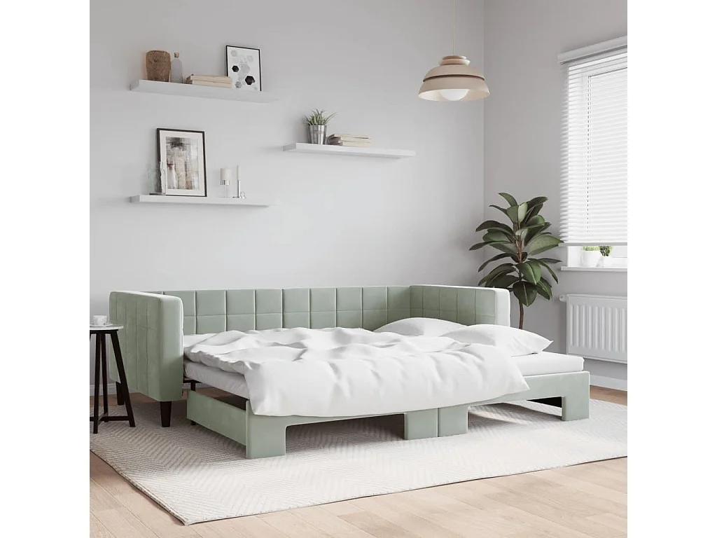 Slaapbank met onderschuifbed 90x200 cm fluweel lichtgrijs