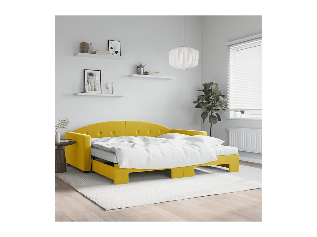 Lit de jour avec gigogne et matelas jaune 100x200 cm velours
