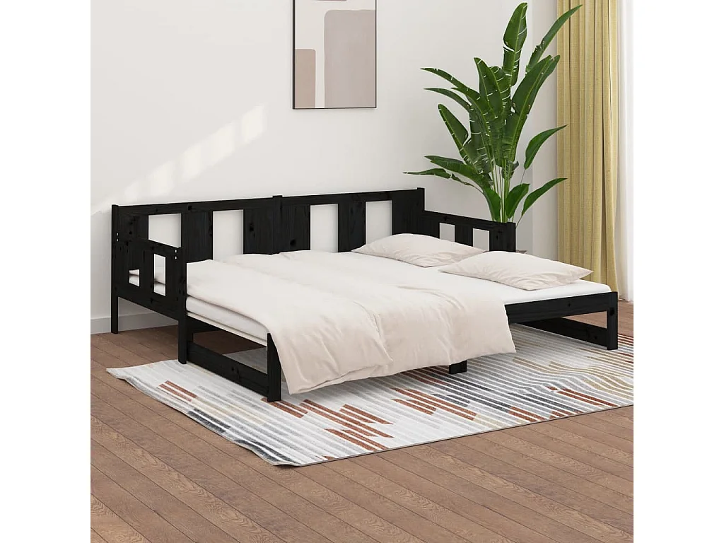 Slaapbank uitschuifbaar massief grenenhout zwart 2x(90x190) cm