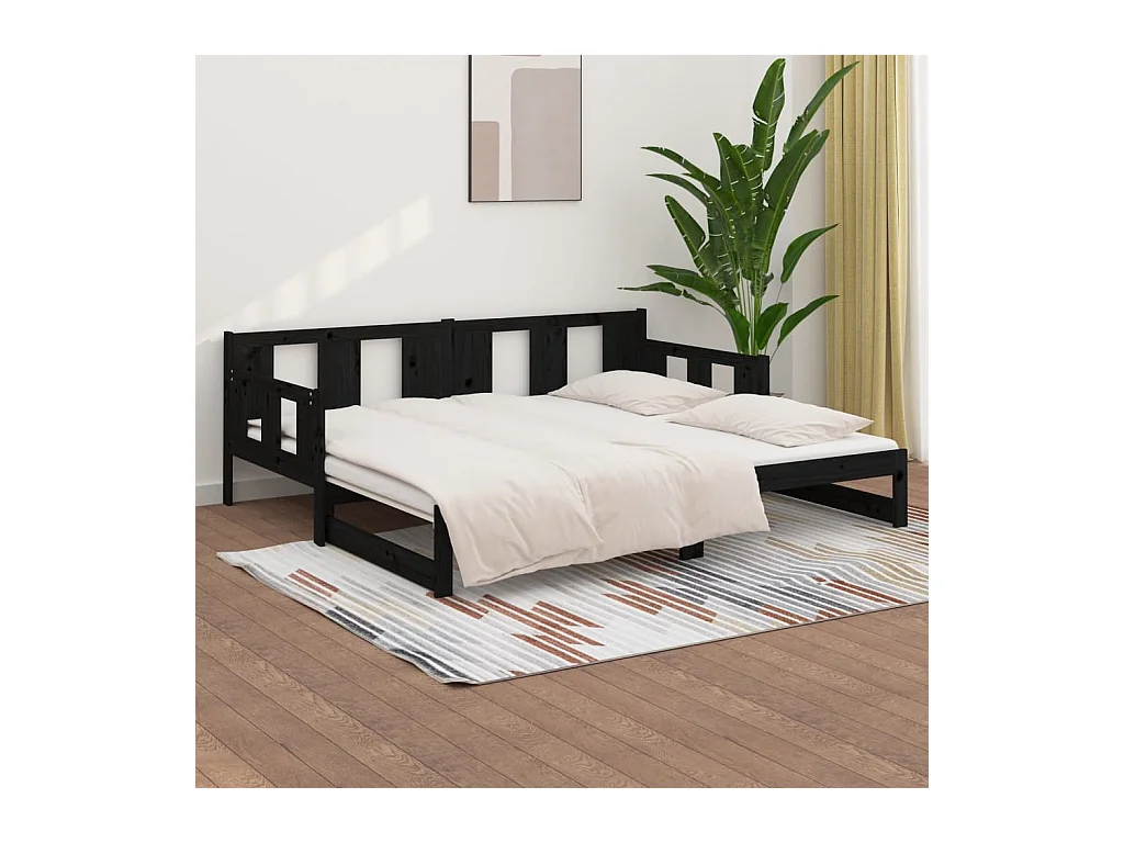 Lit coulissant Noir Bois de pin solide 2x(90x190) cm
