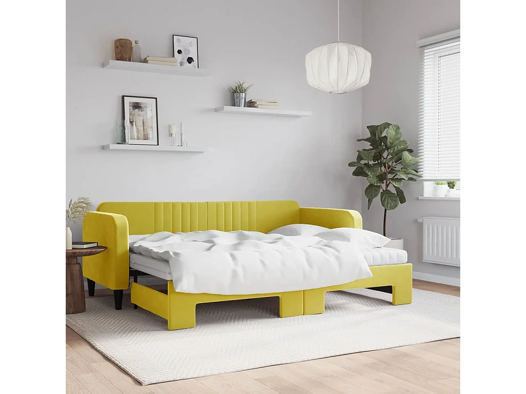 Slaapbank onderschuifbed en matrassen 80x200 cm fluweel geel