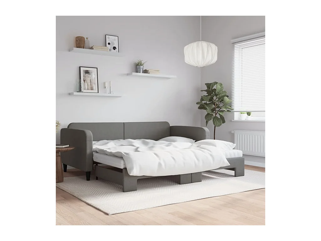 Lit de jour avec gigogne et matelas gris foncé 100x200 cm tissu
