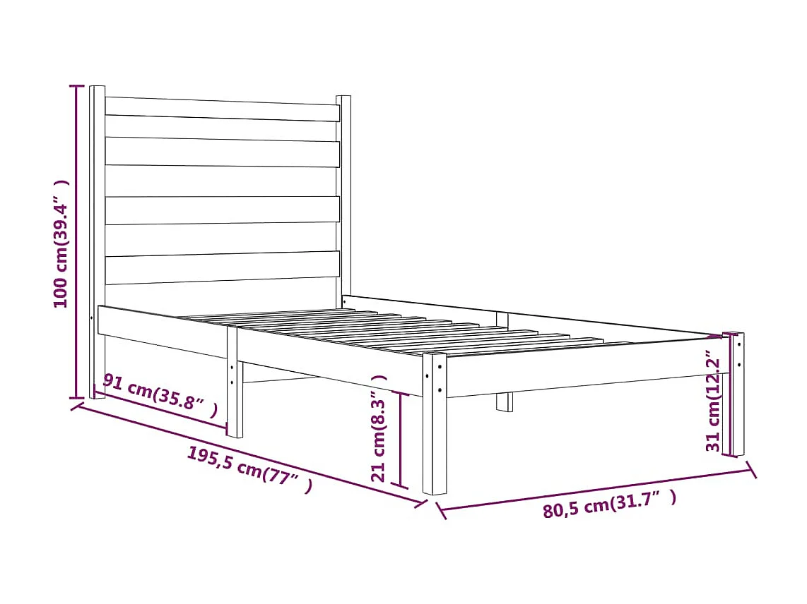 Estrutura de cama pequena solteiro 75x190 cm pinho maciço preto
