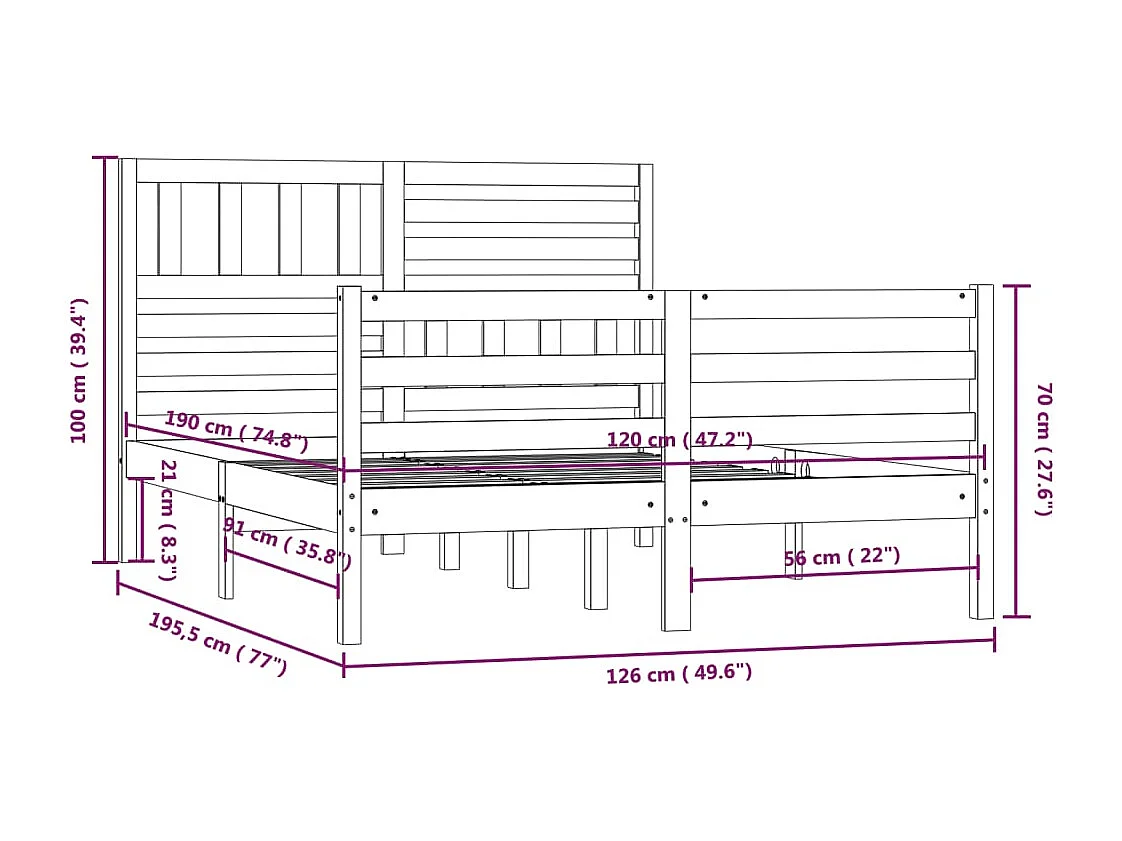 Cadre de lit Bois massif 120x190 cm Petit Double