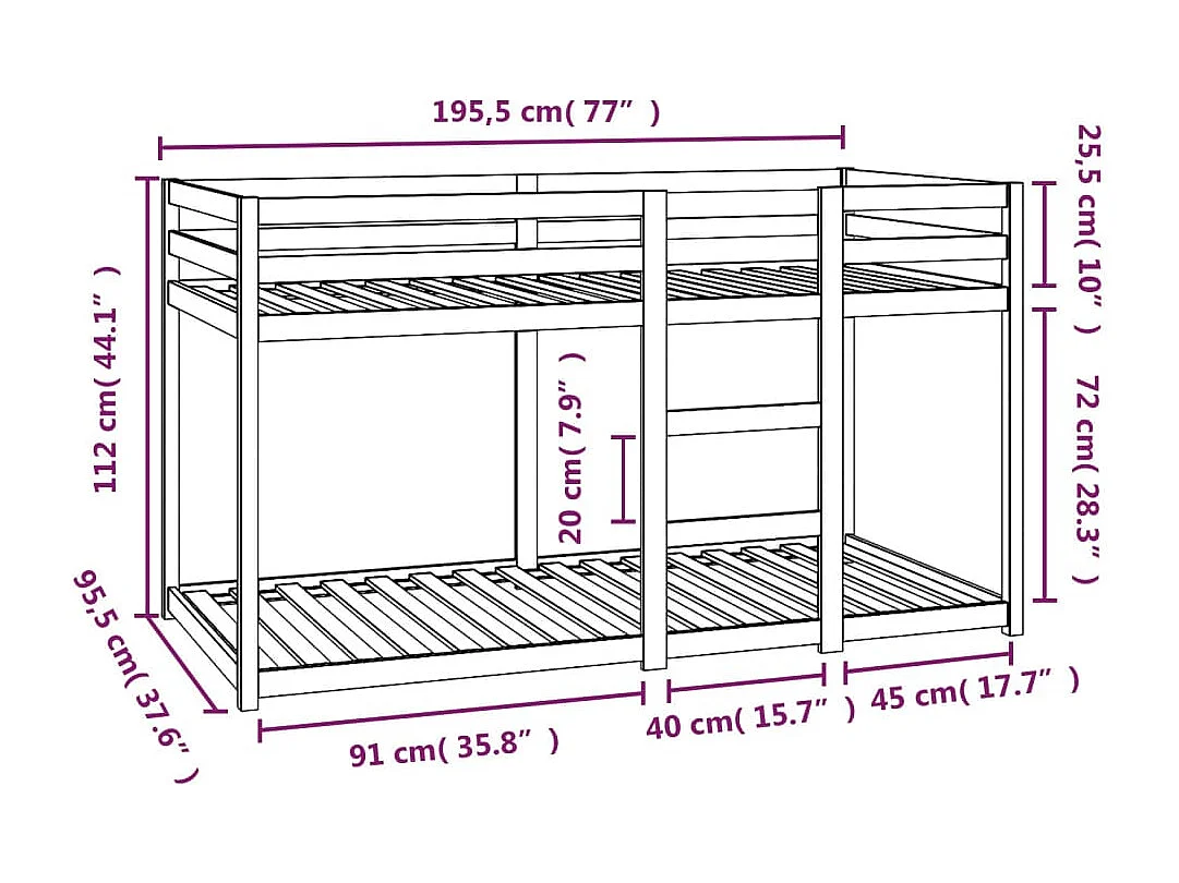 Litera de madera maciza de pino 90x190 cm