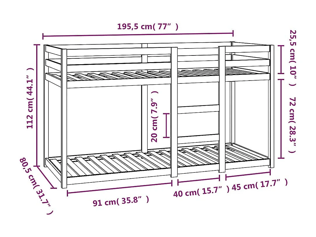 Stapelbed massief grenenhout 75x190 cm
