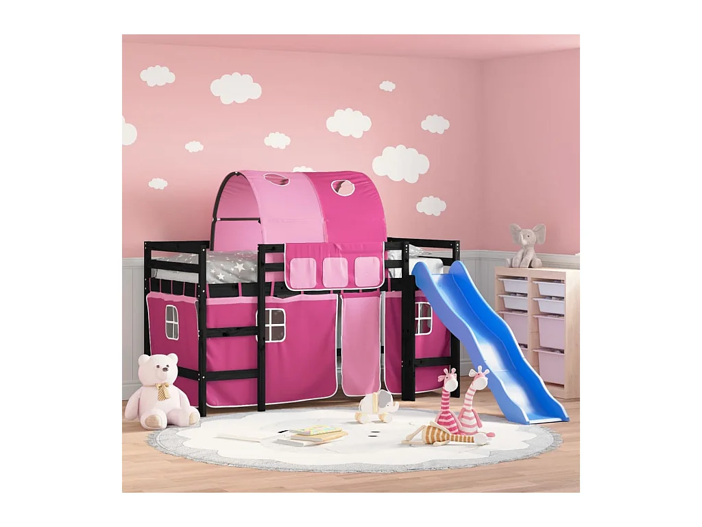 Lit mezzanine enfants avec tunnel rose 90x190cm bois pin massif