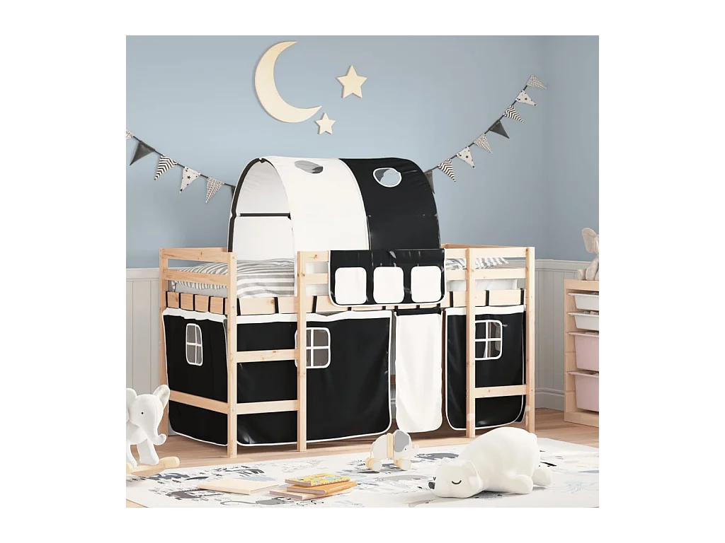 Lit mezzanine enfants et tunnel blanc/noir 80x200cm pin massif