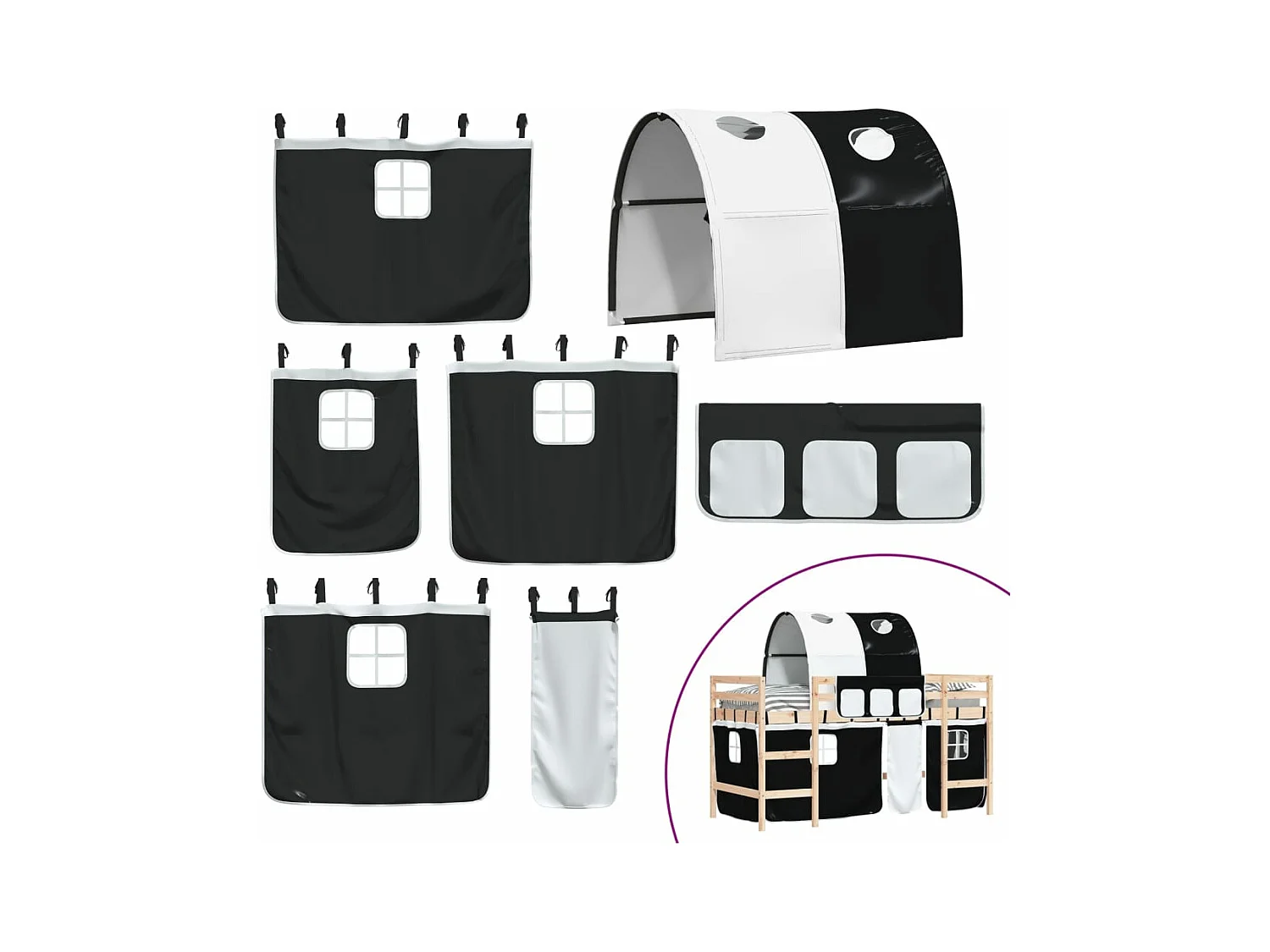 Cama alta niños con túnel madera pino blanco negro 80x200 cm