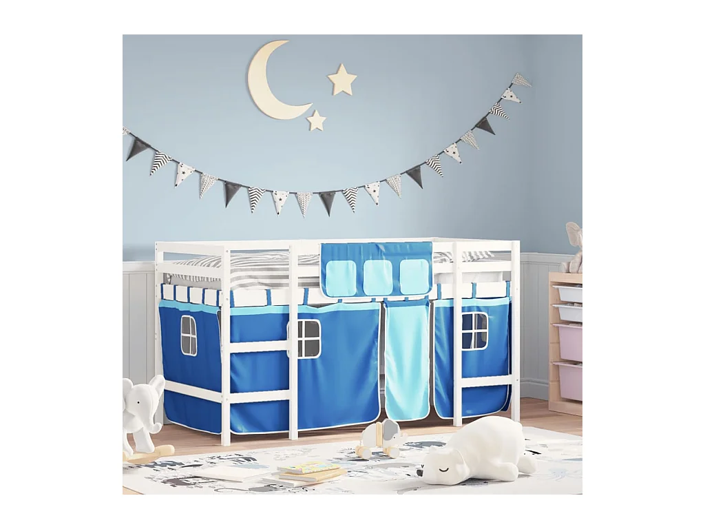 Lit mezzanine enfants et rideaux bleu 90x190cm bois pin massif