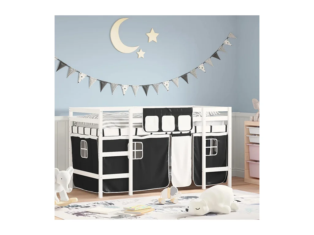 Lit mezzanine enfants et rideaux blanc/noir 90x190cm pin massif