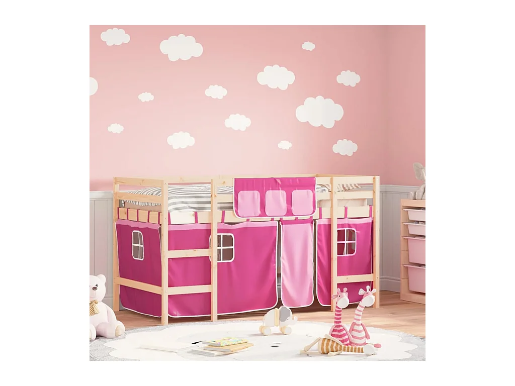 Lit mezzanine enfants et rideaux rose 90x190cm bois pin massif