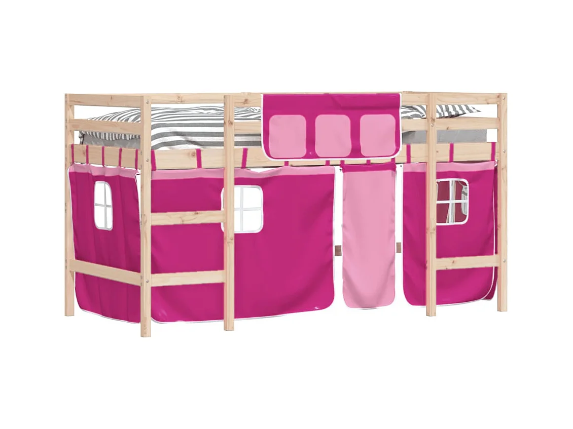 Cama alta p/ criança c/ cortinas 90x190 cm pinho maciço rosa