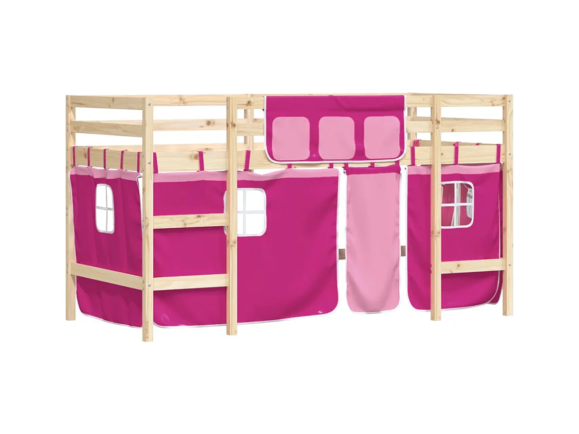 Cama alta p/ criança c/ cortinas 90x190 cm pinho maciço rosa