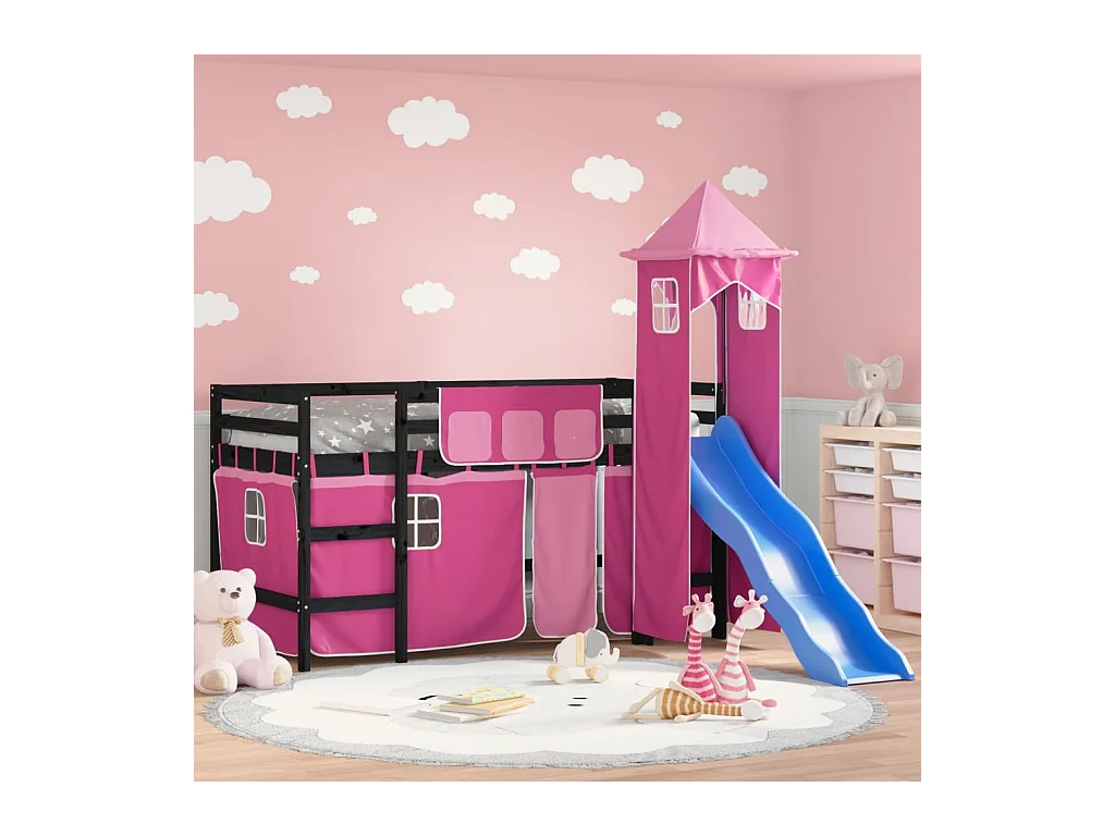 Lit mezzanine enfants avec tour rose 90x190 cm bois pin massif