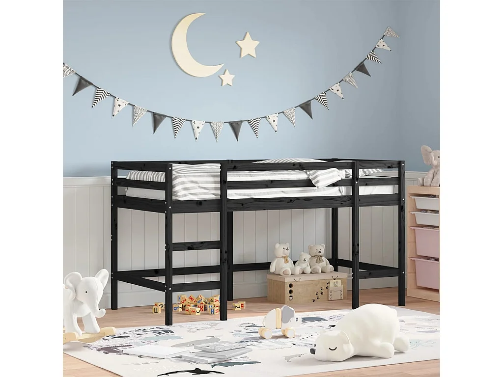 Kinderhoogslaper met ladder 90x200 cm massief grenenhout zwart
