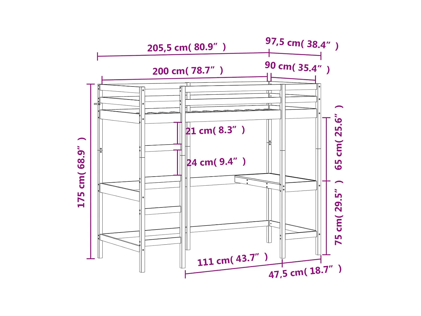 Lit superposé avec bureau blanc 90x200 cm bois de pin massif