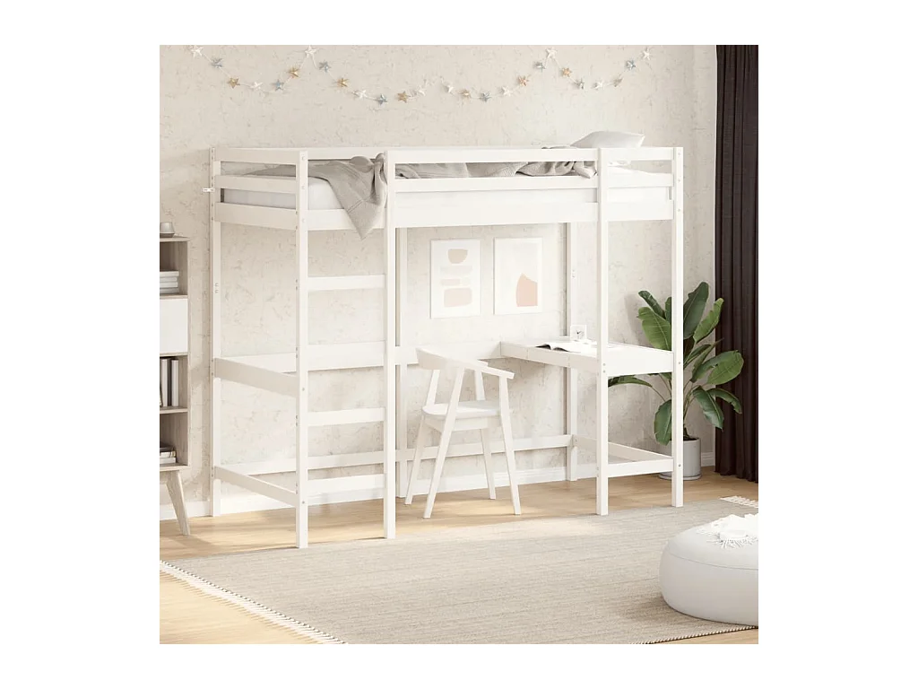 Lit superposé avec bureau blanc 90x200 cm bois de pin massif