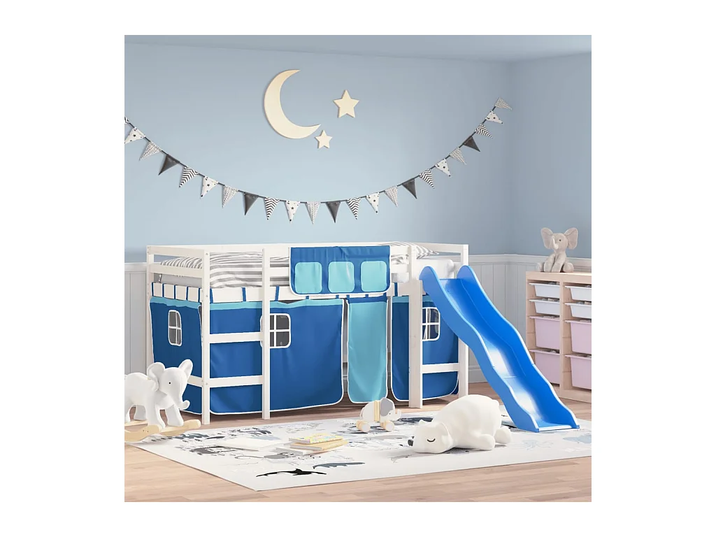 Lit mezzanine enfants et rideaux bleu 90x190cm bois pin massif