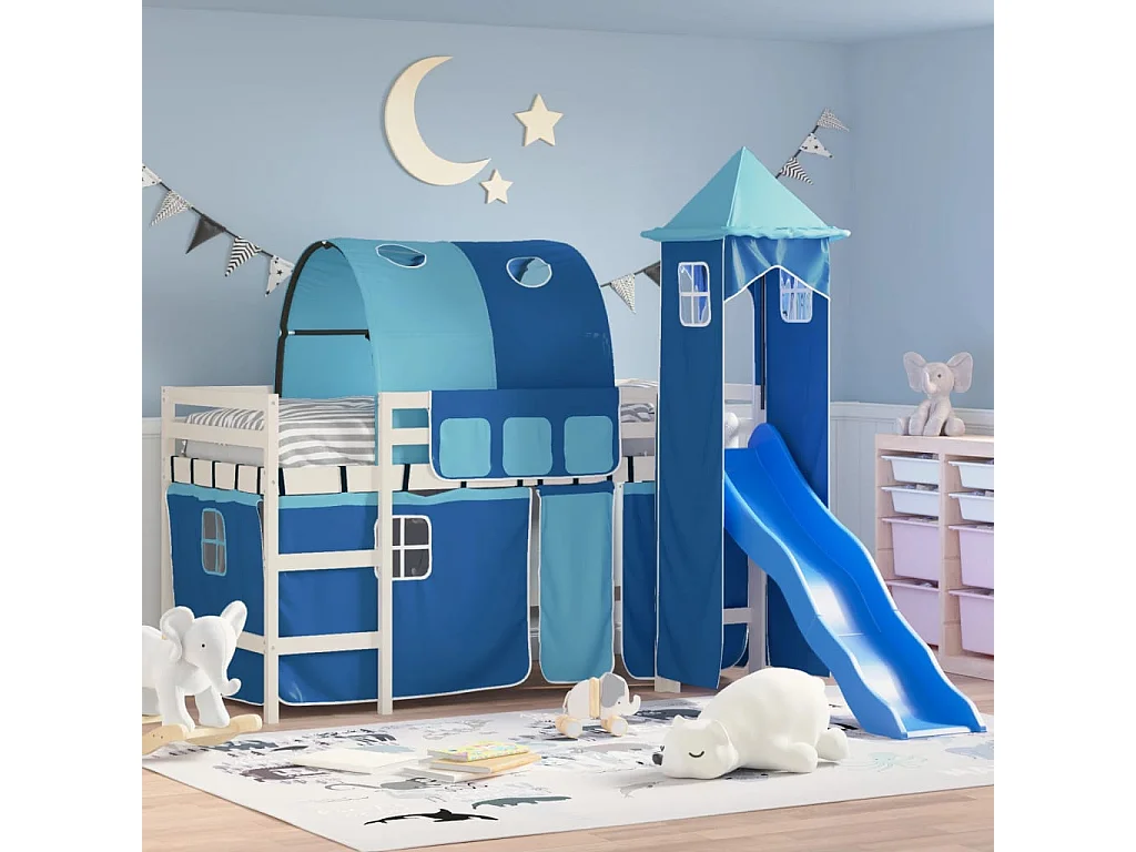 Lit mezzanine enfants avec tour bleu 90x200 cm bois pin massif