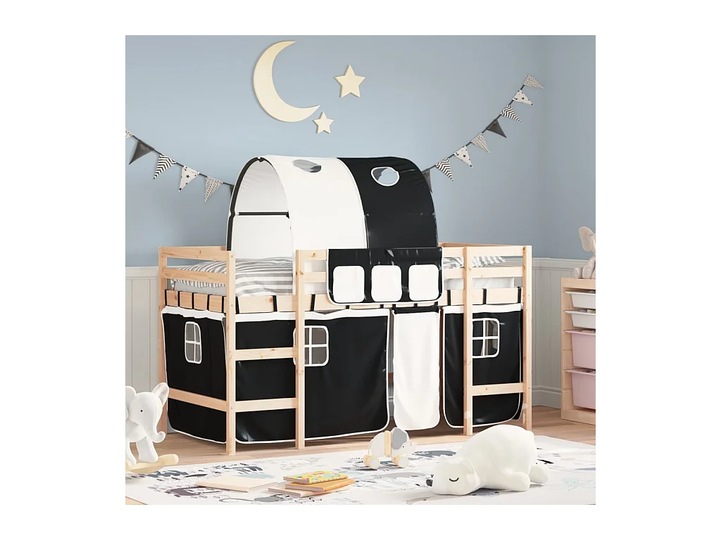 Lit mezzanine enfants et tunnel blanc/noir 90x190 cm pin massif