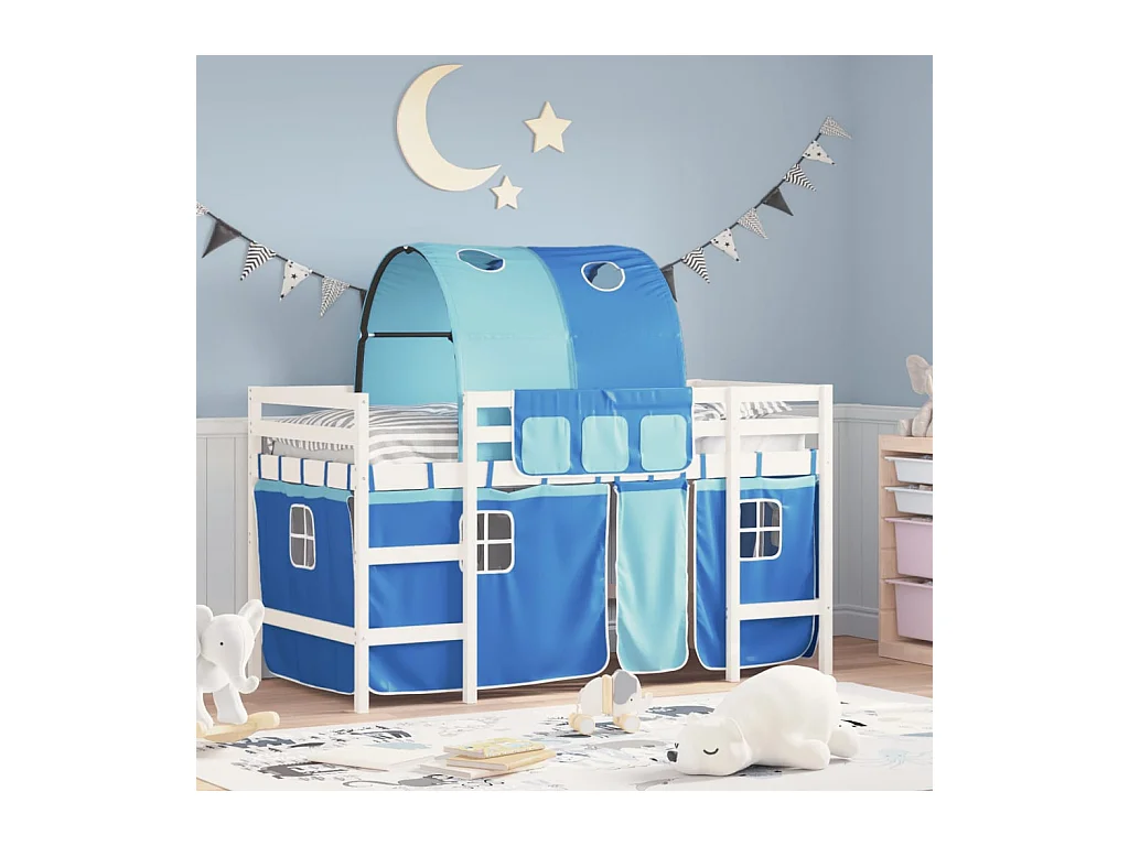 Lit mezzanine enfants et tunnel bleu 90x190 cm bois pin massif