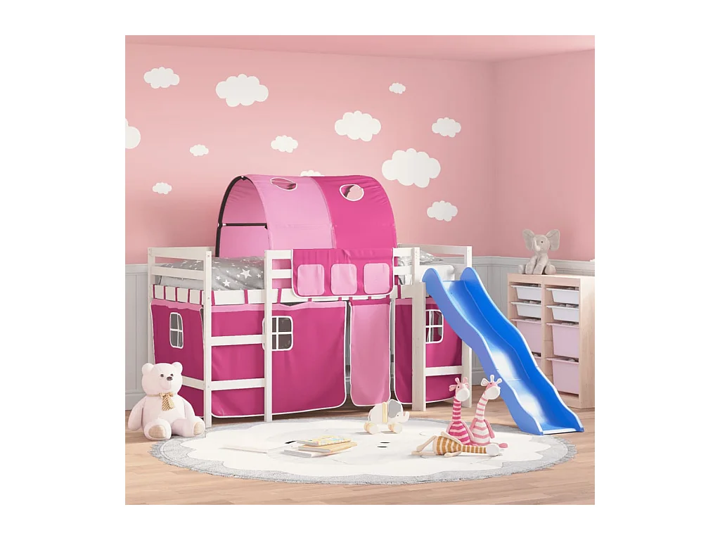 Lit mezzanine enfants avec tunnel rose 90x190cm bois pin massif