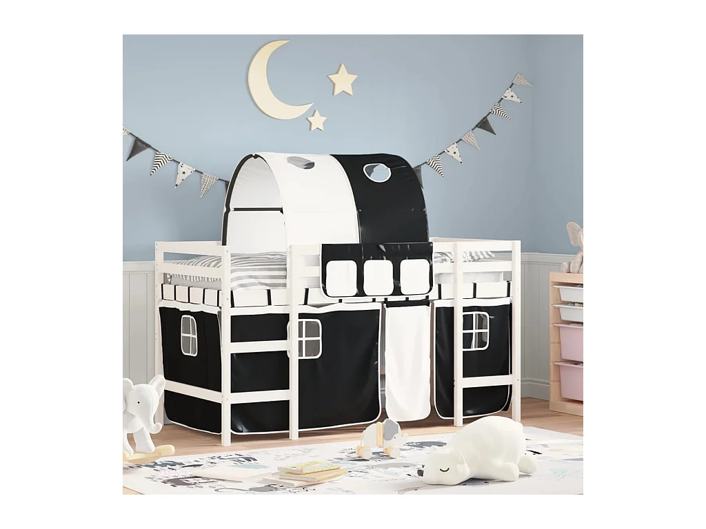 Cama alta niños con túnel madera pino blanco negro 80x200 cm