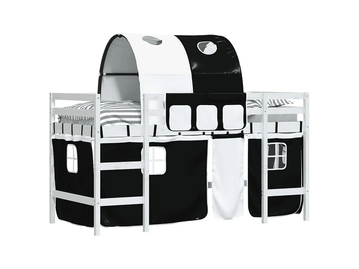 Cama alta niños con túnel madera pino blanco negro 80x200 cm